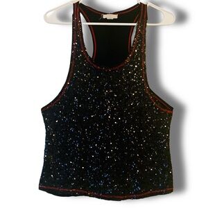Trendy Black Sequin Tank Top With Red Stitching! Size Medium